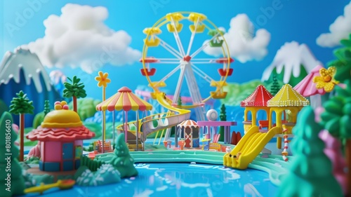 A colorful cartoon scene of a playground with a carousel and a water slide