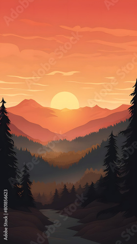 Sunrise Harmony, Mountain Silhouettes, Realistic Mountains Landscape. Vector Background