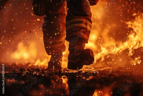 A fireman goes to put out a fire Focus on boots. Dramatic light