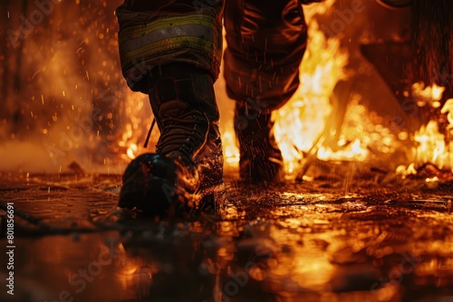 A fireman goes to put out a fire Focus on boots. Dramatic light