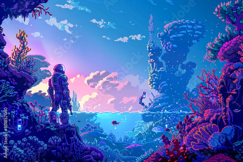 Coral reef in pixel art assassin with high-tech gear photo