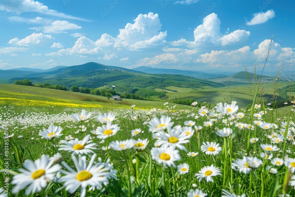 Beautiful spring and summer natural panoramic pastoral landscape with blooming field of daisies in the grass in the hilly countryside 