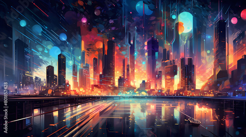 Digital god rays city at night abstract art design graphic poster web page PPT background