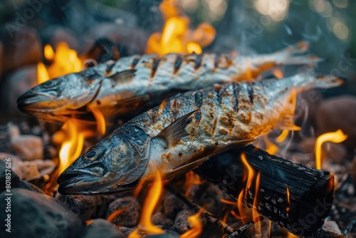 Two fish frying over fires. Generative Ai