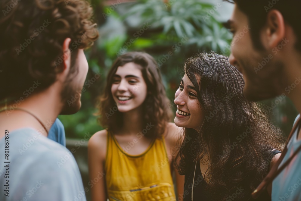 Group of friends talking and laughing in the garden. Group of young people having fun outdoors.