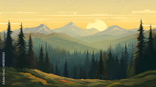 Sunrise Spectacle, Pine Forest Panorama, Realistic Mountains Landscape. Vector Background