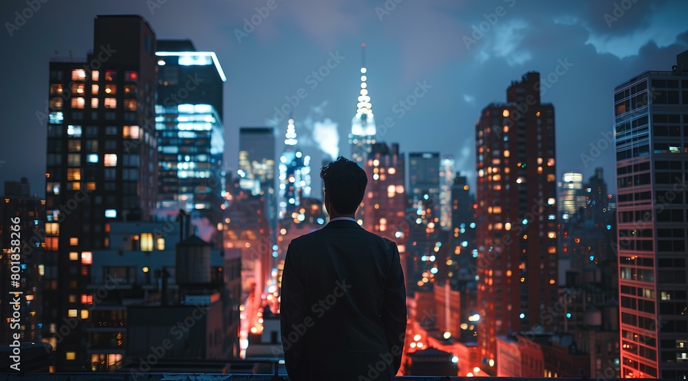Businessman standing on rooftop with city skyline at night, concept of success and power in business. Man wearing suit looking to skyscrapers buildings illuminated by lights. generative AI Businessman standing on rooftop with city skyline at night, concept of success and power in business. Man wearing suit looking to skyscrapers buildings illuminated by lights. generative AI