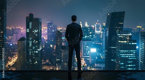 Businessman standing on rooftop with city skyline at night  concept of success and power in business. Man wearing suit looking to skyscrapers buildings illuminated by lights. generative AI