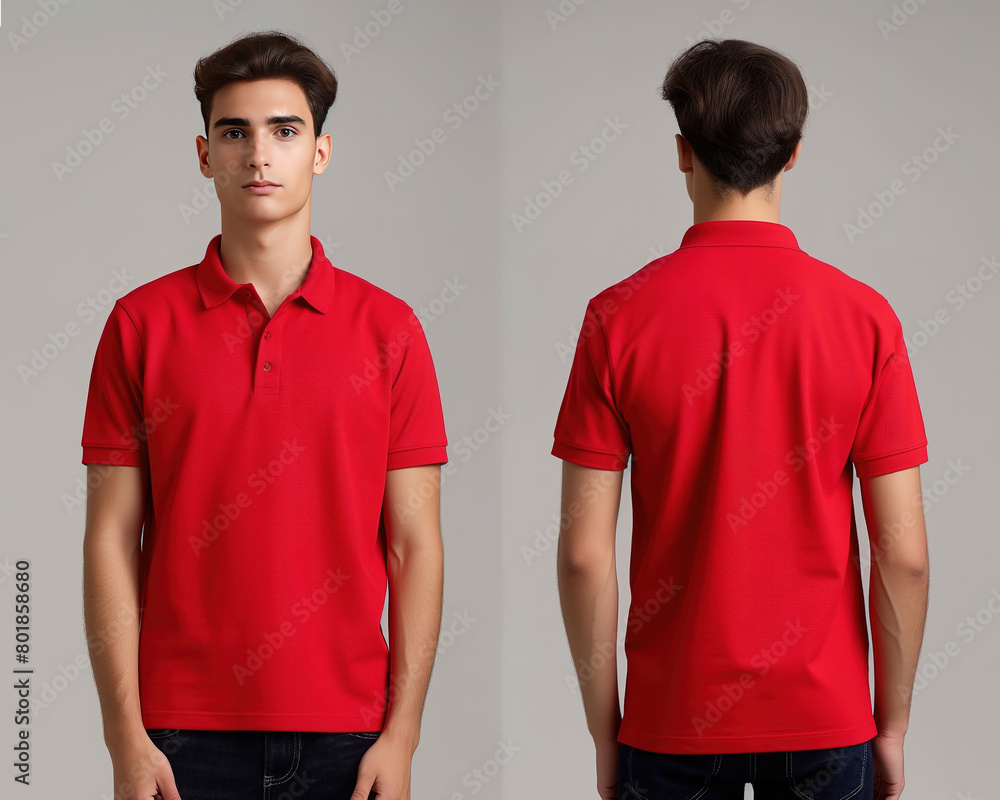 Front and back views of a man wearing a red polo shirt mockup template Front and back views of a man wearing a red polo shirt mockup template