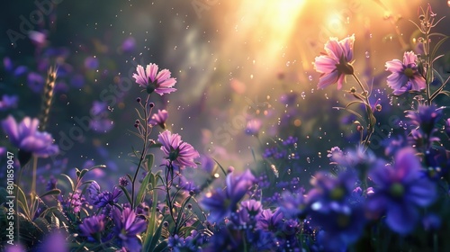 Radiant  lush purple flowers bloom in a sunny field. Generative Ai