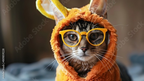 Playful Tabby Cat Wearing Funny Costume with Oversized Glasses © T