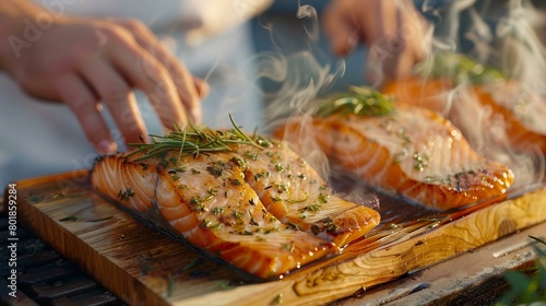 A gourmet outdoor kitchen scene with a chef grilling