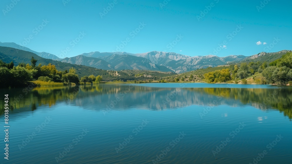 A tranquil lake reflecting the surrounding mountains and a clear blue sky, illustrating the importance of preserving freshwater ecosystems on Earth Day