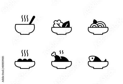 Vector hot dinner plate templates. Restaurant meal icon set. Flat food dish symbol illustrations. Cafe pictograms for pasta, bowl, soup, poke, wok, ramen, spaghetti, noodle, fish, chicken, salad