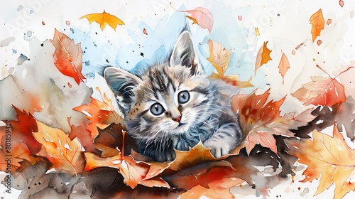 Artful watercolor depicting a playful kitten among autumn leaves  the rich colors of the foliage enhancing the kitten s liveliness