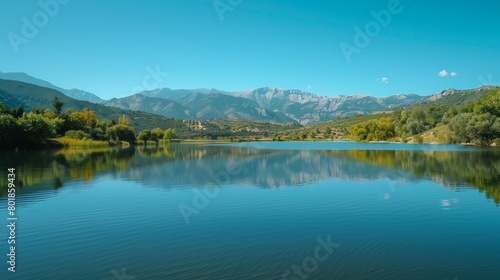 A tranquil lake reflecting the surrounding mountains and a clear blue sky, illustrating the importance of preserving freshwater ecosystems on Earth Day