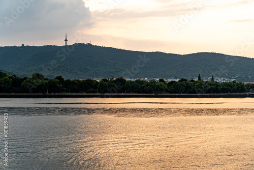 The Yuelu Mountain Scenic Area of Juzizhou Head in Changsha City, Hunan Province, China, features Mao Zedong Youth Sculpture photo