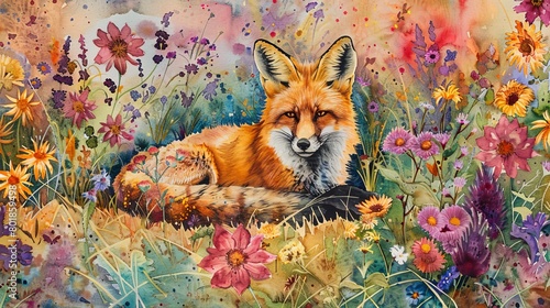 Artistic watercolor depicting a fox in a meadow filled with wildflowers, the vibrant colors of the flowers setting a joyful tone