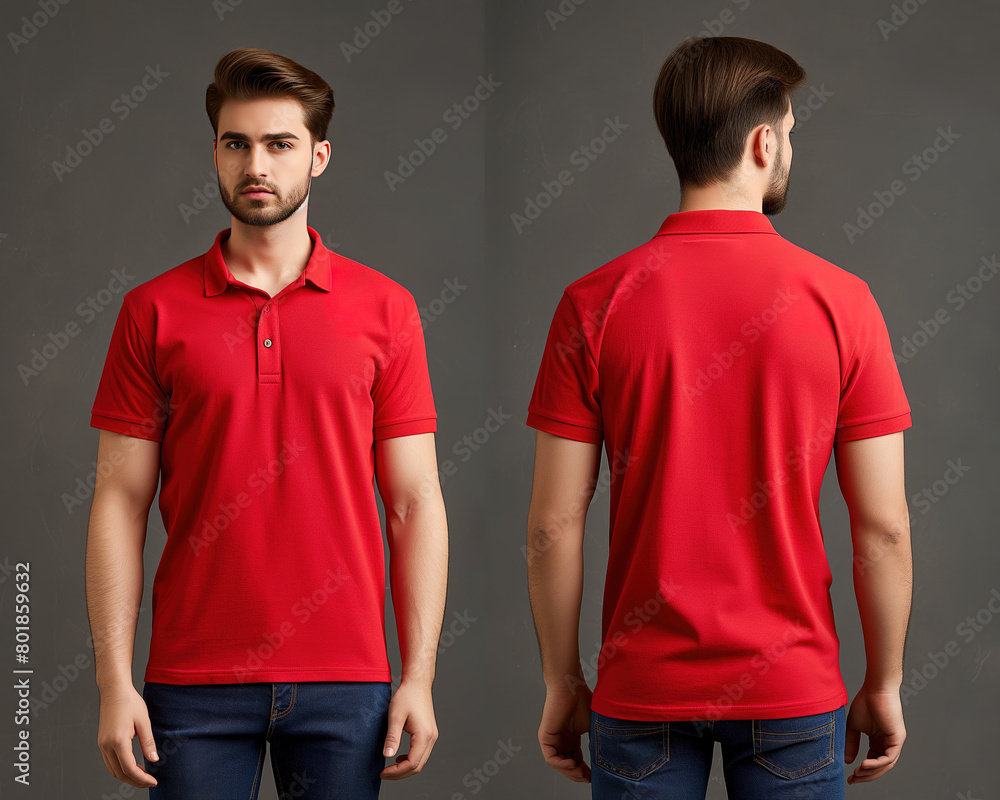 Front and back views of a man wearing a red polo shirt mockup template Front and back views of a man wearing a red polo shirt mockup template