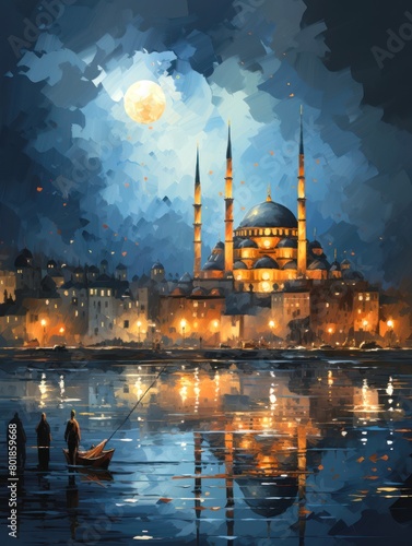 Ai Generative Watercolor Islamic background of a mosque at night