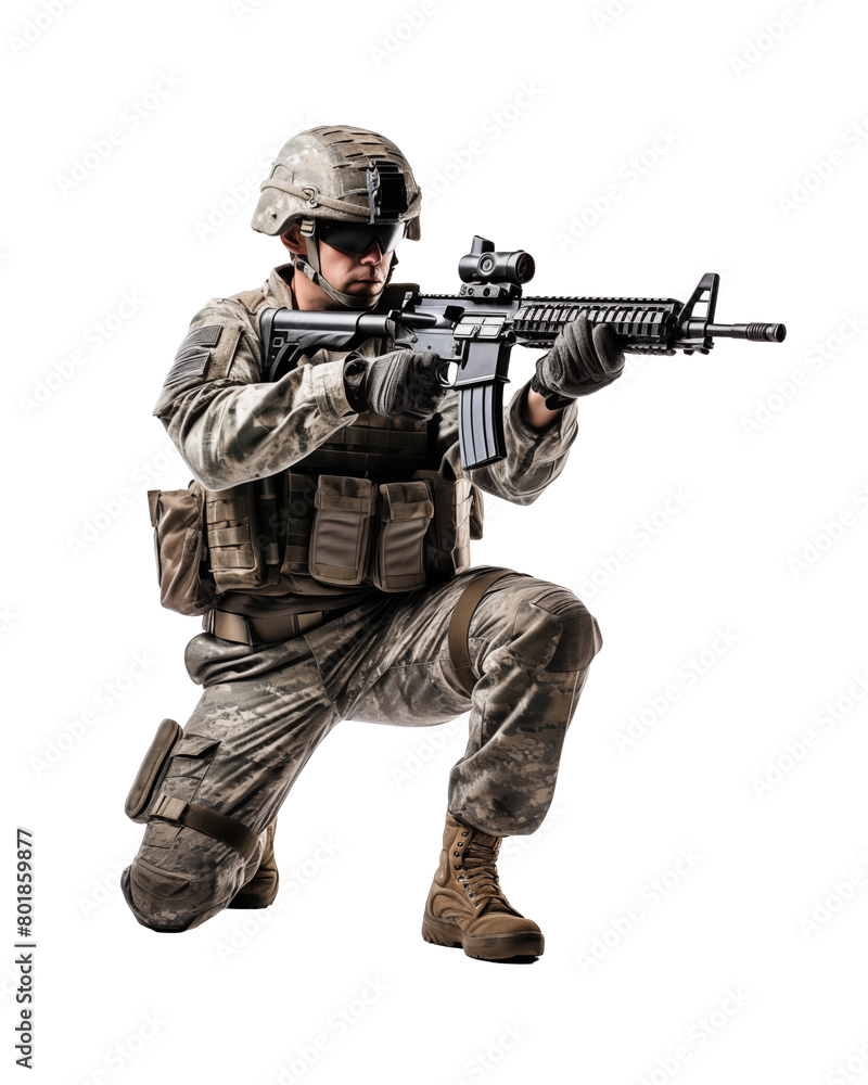 Soldier in camouflage and tactical gear aiming a rifle, knee bent, focused expression, isolated on a transparent background. Generative AI Soldier in camouflage and tactical gear aiming a rifle, knee bent, focused expression, isolated on a transparent background. Generative AI
