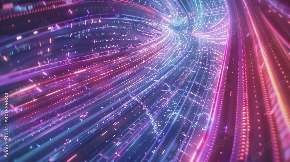 A microscopic view of data packets being transported through the metaverse's digital highways, highlighting the intricate network infrastructure.