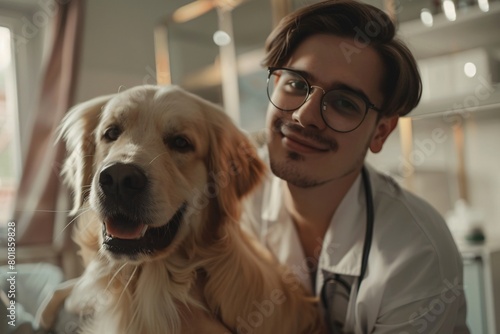Young Handsome Veterinarian Petting a Noble Golden Retriever Dog. Healthy Pet on a Check Up Visit in Modern Veterinary Clinic with a Professional Caring Doctor