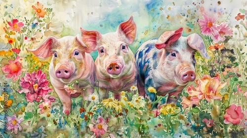 Charming watercolor of three pigs amidst a colorful flower meadow, vibrant blooms framing the subjects in a lively, natural setting