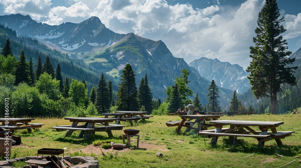 A mountain view BBQ picnic with rustic log benches
