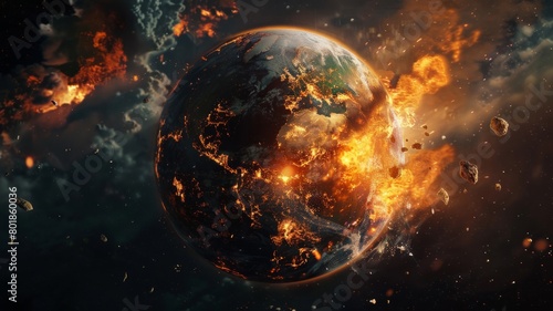 A planet is on fire and surrounded by debris