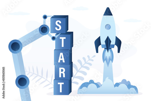 Rocket startup technology with robot or artificial intelligence. Robot hand put blocks in stack - start. Chat bot with AI helping to launching business idea and startup.