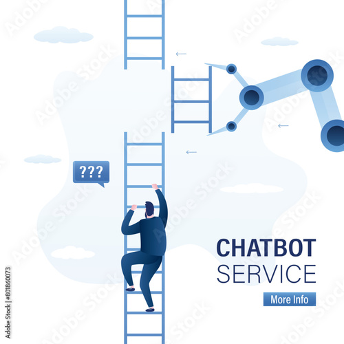 Male employee climbing up to top of broken ladder. Robot helping hand, chat bot with ai support to reach career target or help to climb up ladder of success.