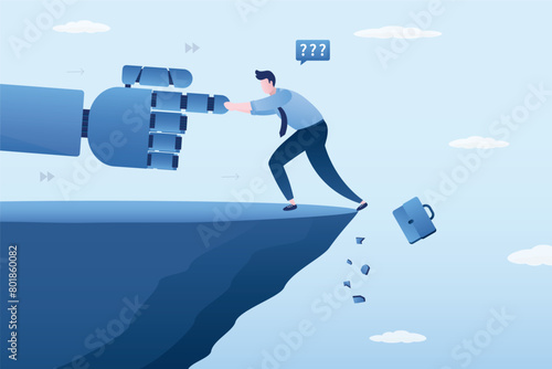 Giant robot hand pushes man into the abyss. Male employee resists the replacement of people by robots and automated systems. New technologies increase unemployment
