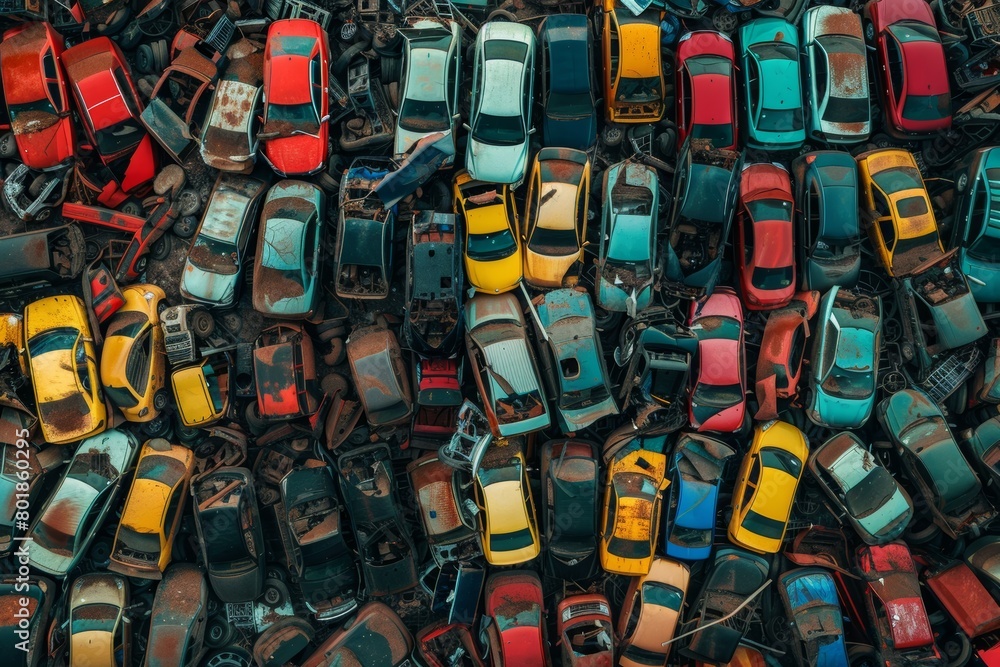 ..Junkyard pile towers with rusting abandoned cars, eerie and chaotic ..Junkyard pile towers with rusting abandoned cars, eerie and chaotic