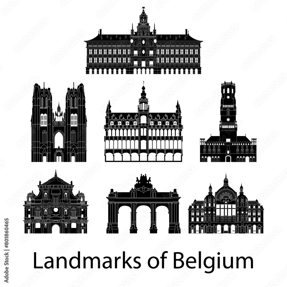 set of Belgium famous landmark silhouette style