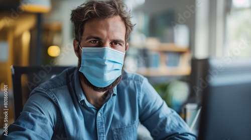Man working from home wearing a mask, looking at computer screen, Concept of health precautions and remote work adaptation photo