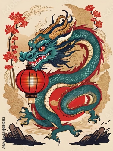 Chinese Dragon illustration with lantern © AbsAI