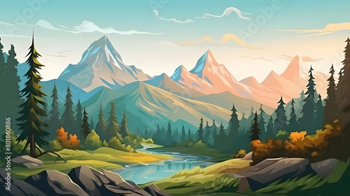 Morning Bliss, Realistic Mountain Scene, Realistic Mountains Landscape. Vector Background