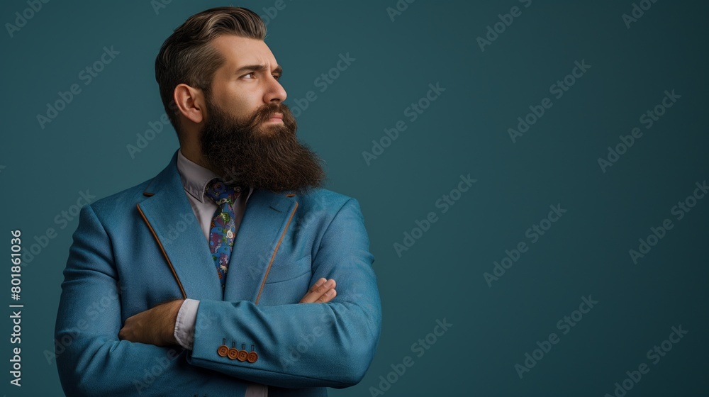 Confident bearded man in teal blue suit looking to the side, arms crossed, on a teal background, Concept of professionalism, confidence, and style Confident bearded man in teal blue suit looking to the side, arms crossed, on a teal background, Concept of professionalism, confidence, and style