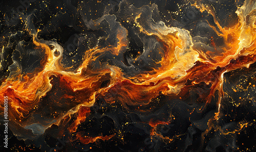 Dynamic orange and black abstract swirls creating a vivid texture. Generate AI