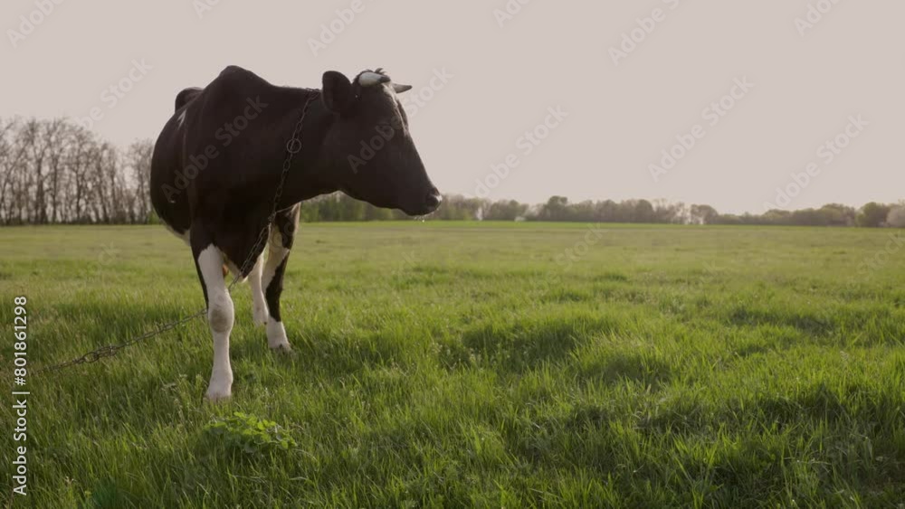 Dairy Cow Grazing in Meadow With Green Grass. Cattle in Pasture Dairy Cow Grazing in Meadow With Green Grass. Cattle in Pasture