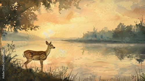 Peaceful watercolor depicting a young deer beside a tranquil lake at sunrise, the soft pastel sky reflecting in the water