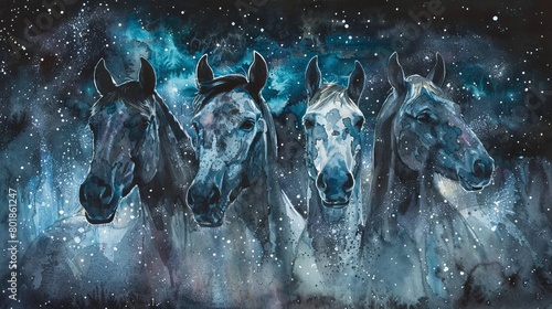 Peaceful watercolor of three horses beneath a starry night sky, the Milky Way casting an ethereal glow over the gentle creatures photo