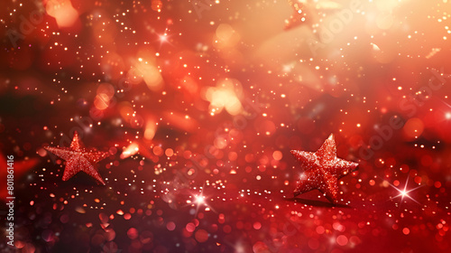 Crystal of snow and glitter flutter on a colored background, snowflakes and stars blue shining descending on background, Abstract red background with glowing lines and sparkles