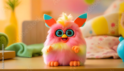 A Furby toy sitting on a wooden shelf with a pastel colored background and soft bokeh effect