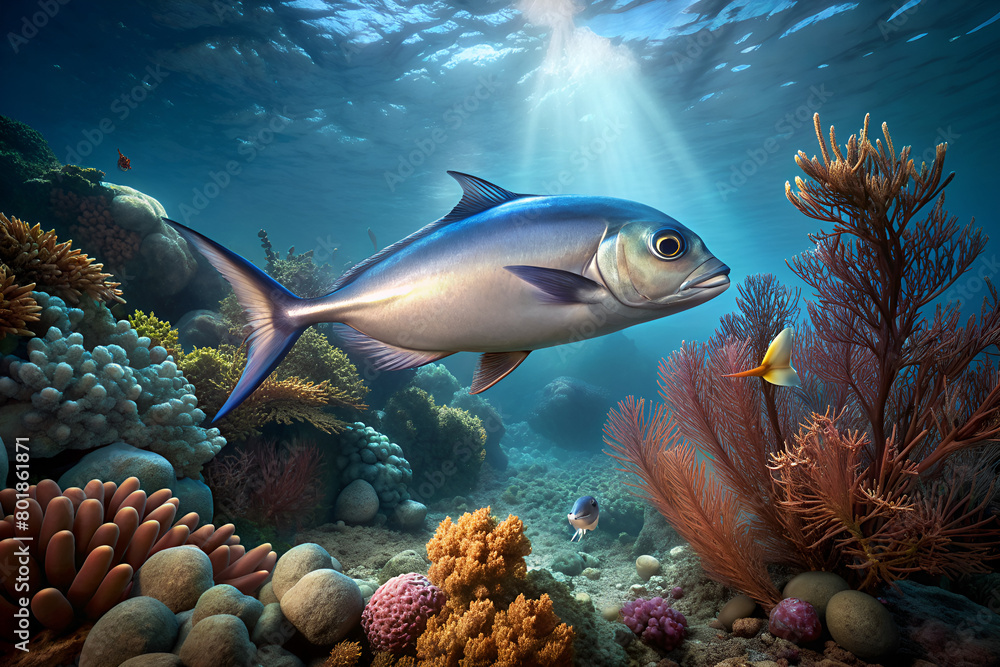 Fototapeta premium milkfish surrounded by beautiful coral