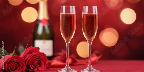 Glasses of champagne and red roses on red background, closeup. © freeman83