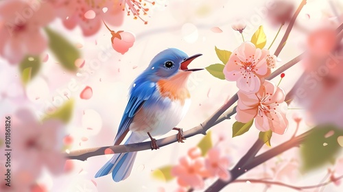 Bluebird Serenading Beneath Blossoming Flowers on Spring Branch © doraclub