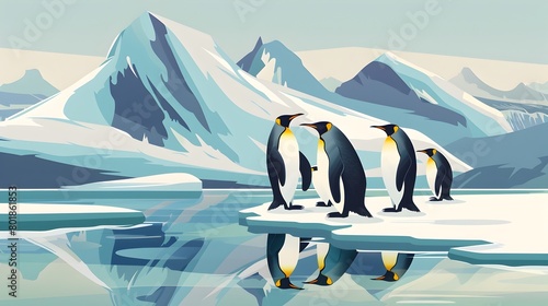 Harmonious Penguins Amid Icy Arctic Landscape with Snowy Mountains