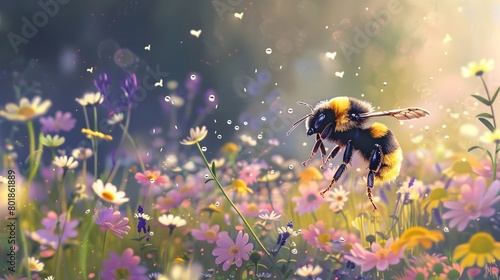 Bumblebee Hovering Above Vibrant Wildflower Patch in Serene Summer Meadow © doraclub